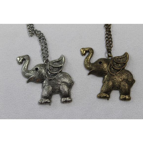 Lot of 2 Vintage Elephant Pendant Necklaces Silver & Bronze Tone Long Chain - Picture 3 of 7